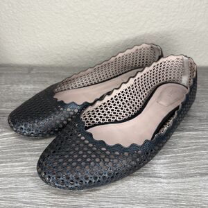 CHLOE Black Perforated Leather Lauren Scalloped Ballet Flats 37.5 US 7 Italy
